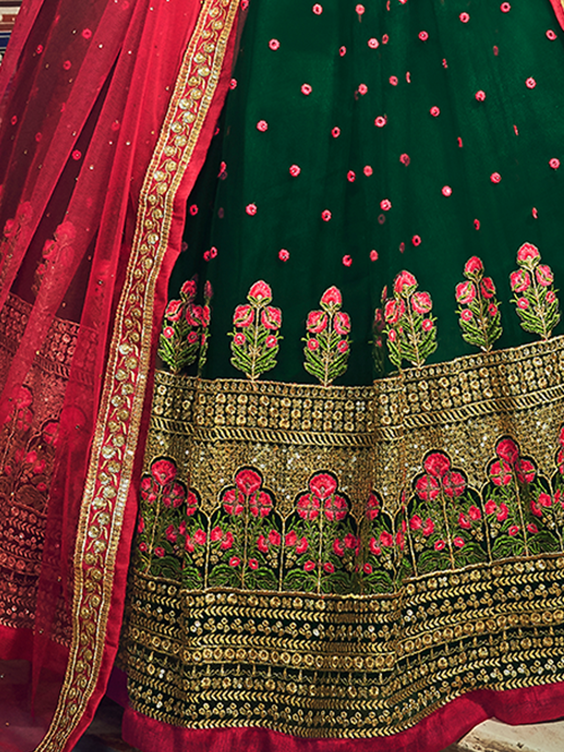 Green Sequins, Thread, Zari, Pearl Semi Stitched Lehenga With Unstitched Blouse