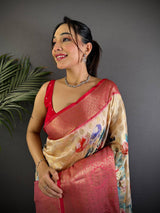 Beige Banarasi Floral Print Saree