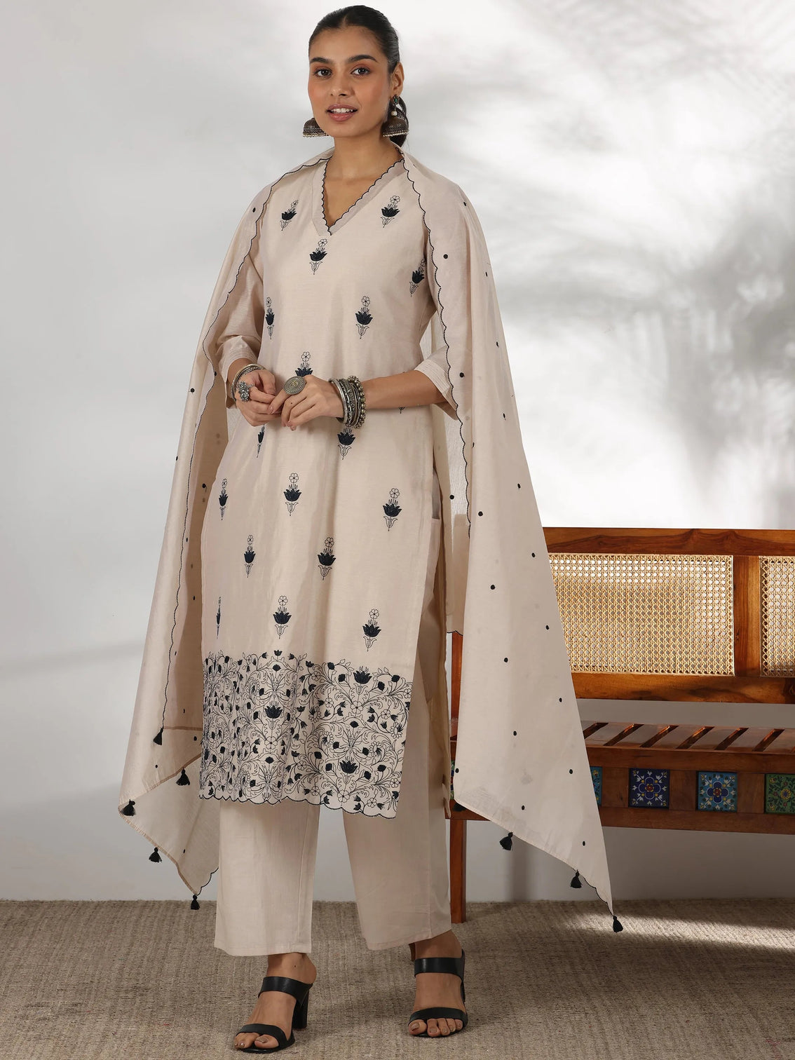 Mameraa Beige Embroidered Chanderi Silk Straight Suit With Dupatta