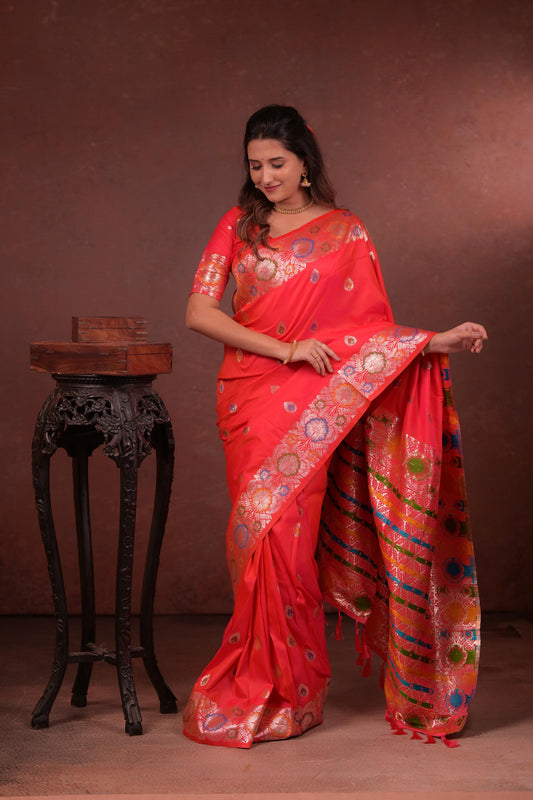 Coral Red Banarasi Silk Saree with Multicolor Floral Zari Woven Border & Rich Designer Pallu