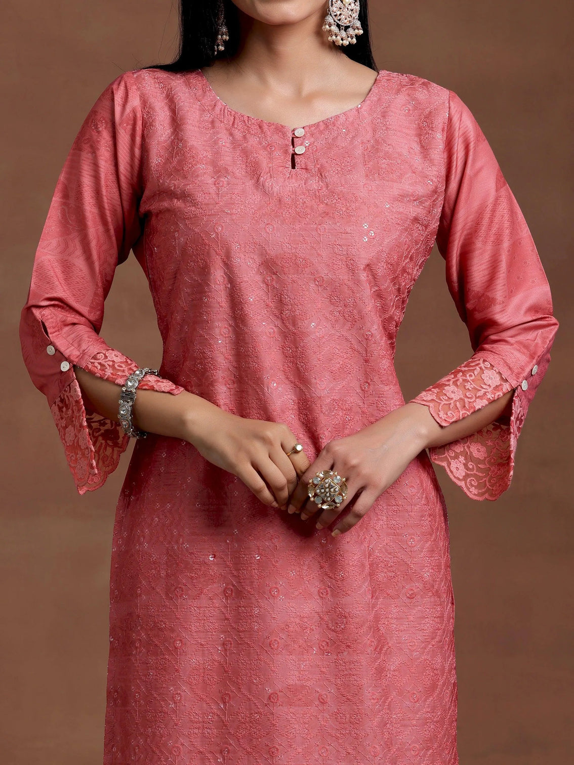 Mameraa Peach Embroidered Silk Blend Straight Suit With Dupatta