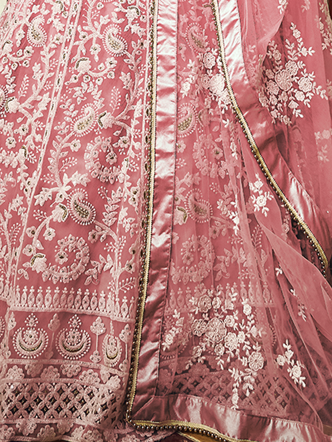 Pink Embroidered Soft Net Semi Stitched Lehenga With Unstitched Blouse