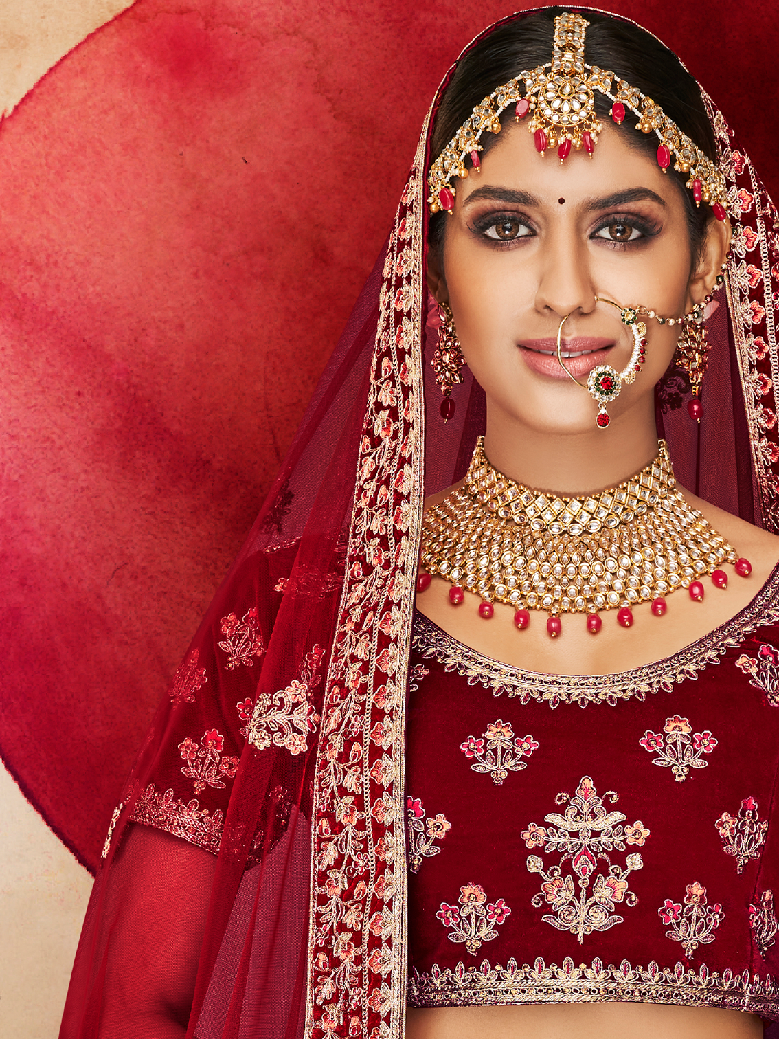 Maroon Velvet Semi Stitched Lehenga With Unstitched Blouse