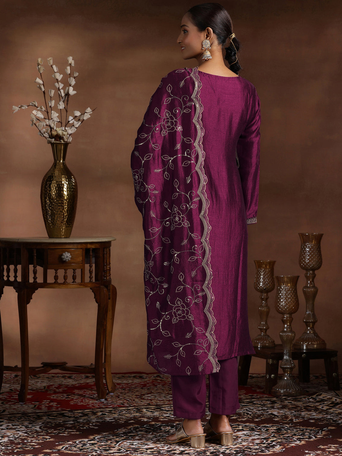 Mameraa Wine Embroidered Silk Blend Straight Suit With Dupatta
