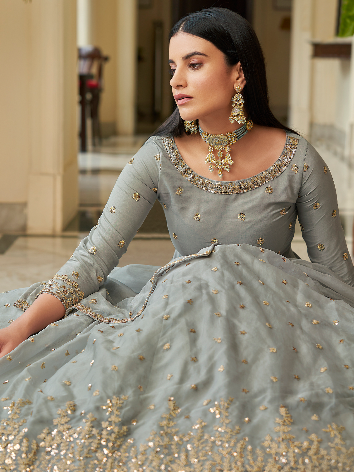 Grey Embroidered Semi Stitched Lehenga With Unstitched Blouse