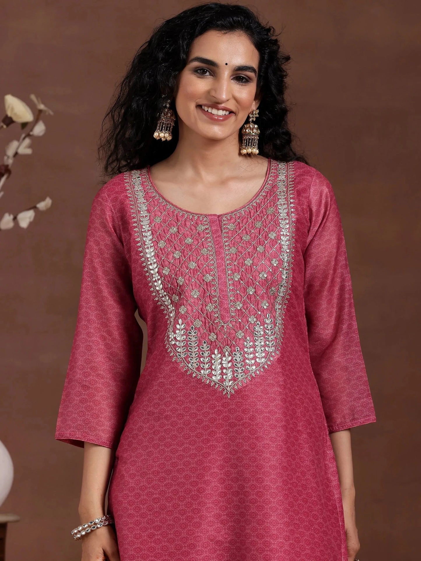 Gerua Pink Printed Silk Blend Straight Suit With Dupatta