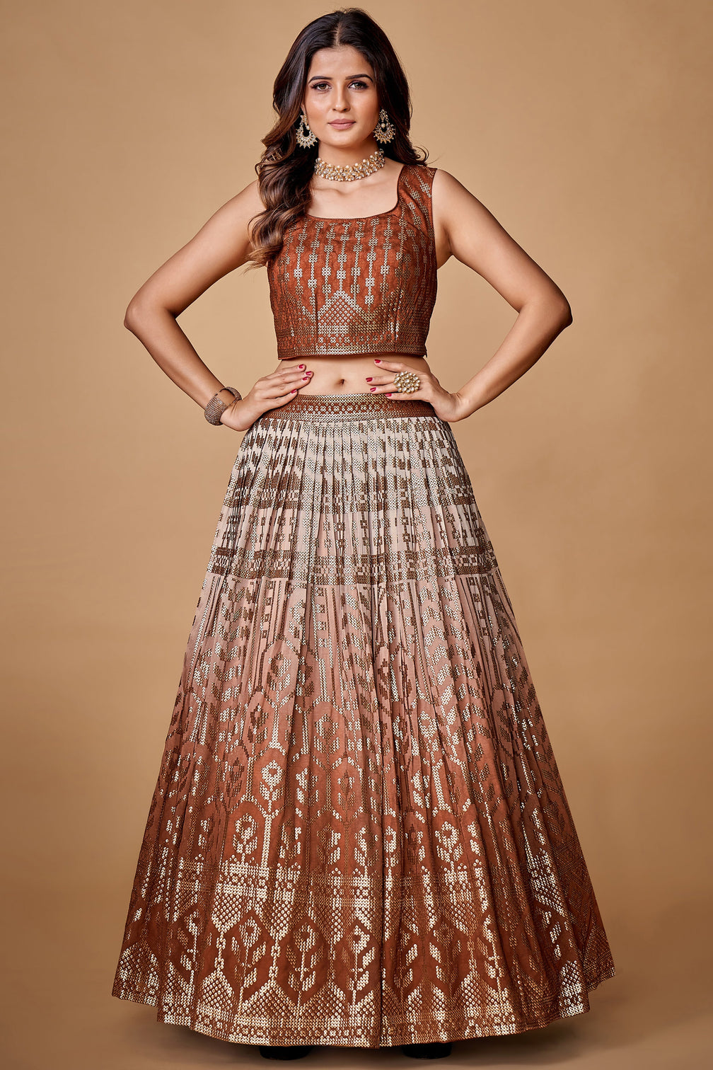 Brown Sequins Work Georgette Wedding Wear Lehenga Choli