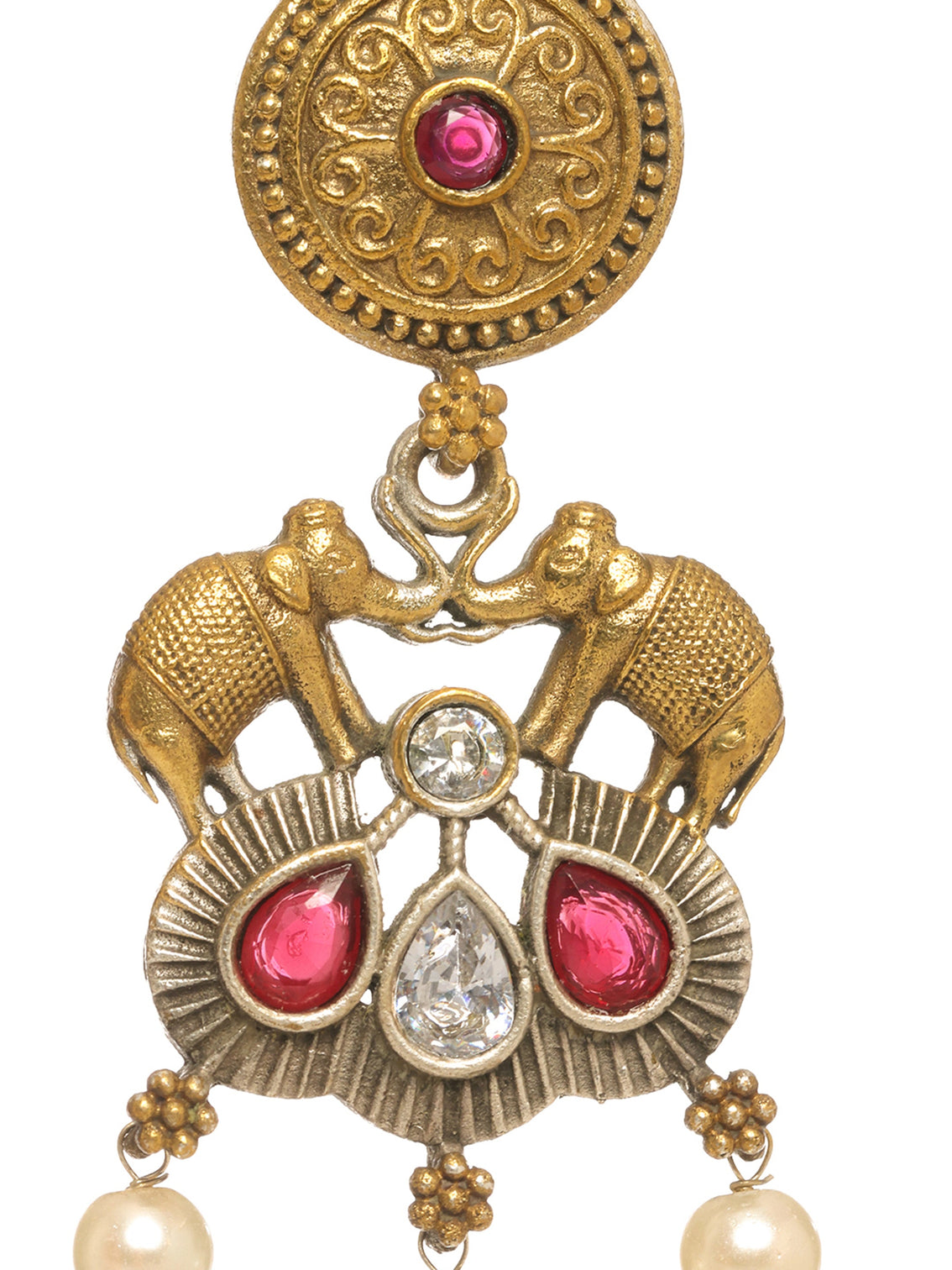 Mameraa Antique Gold Elephant Motif Pearl Drop Earrings