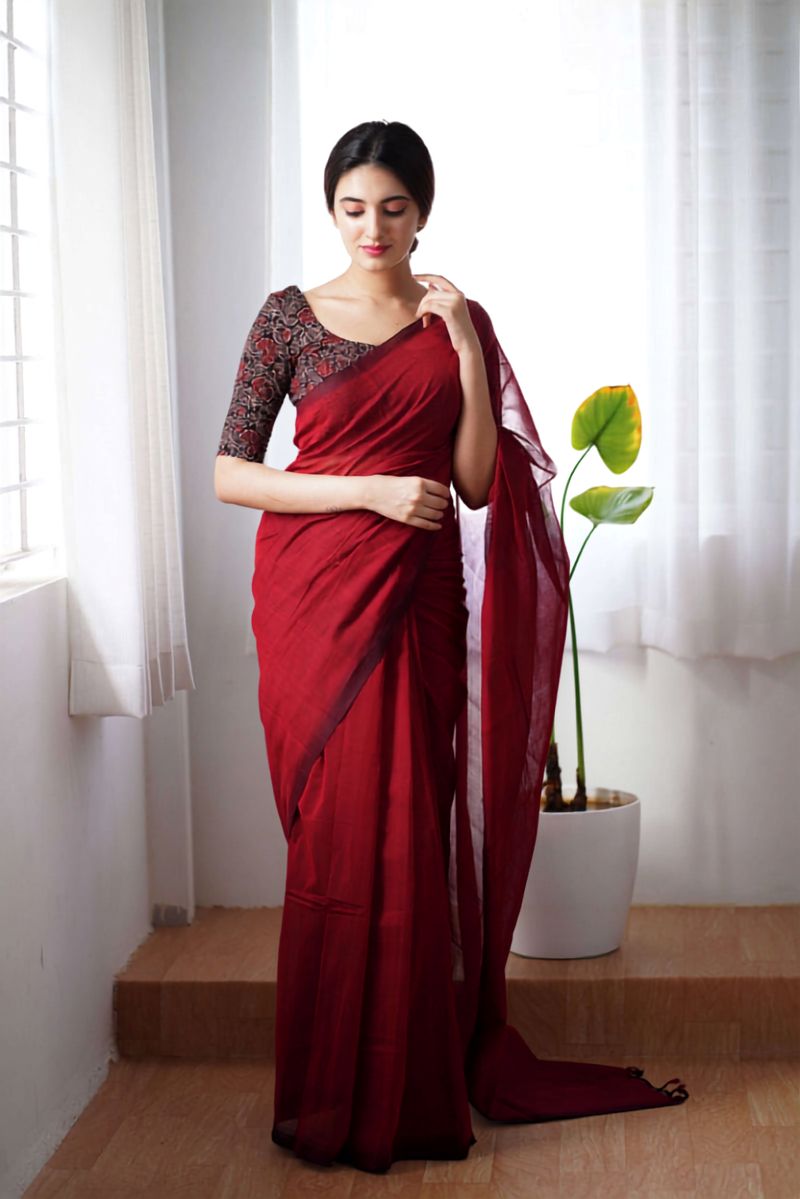 Maroon cotton saree with kalamkari blouse piece mameraa