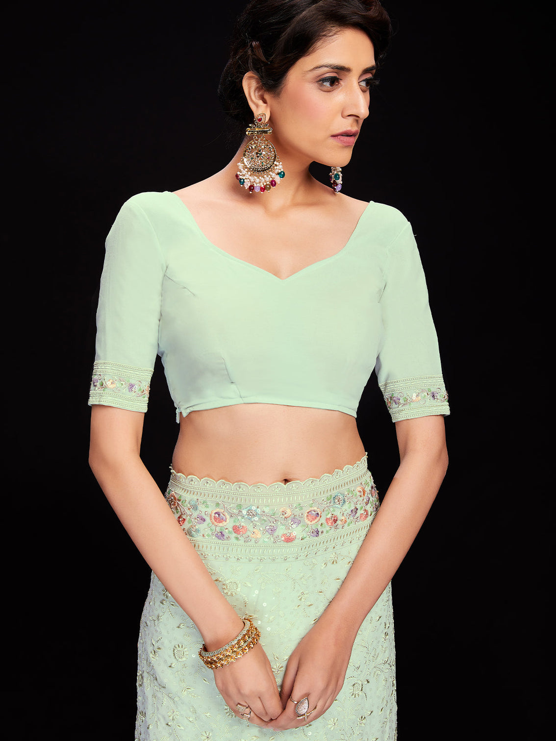 Sea Green Georgette Embroidered Saree With Unstitched Blouse