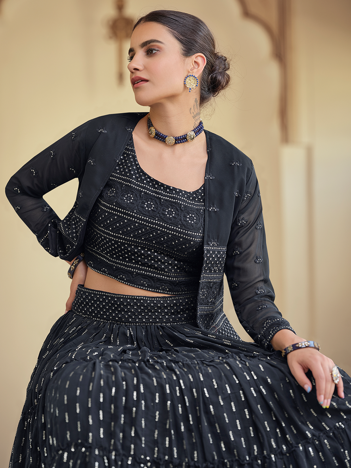 Dark Blue Embroidered Georgette Semi Stitched Lehenga With Unstitched Blouse