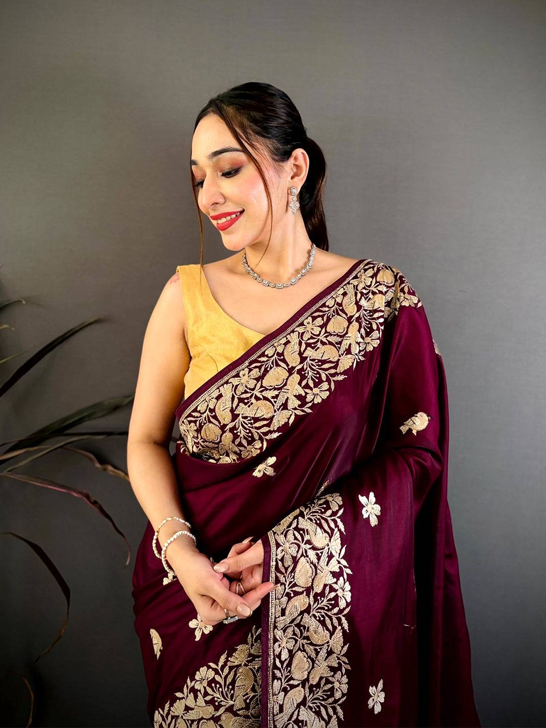 Wine Aari Bird Work Soft Satin Saree