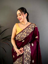 Wine Aari Bird Work Soft Satin Saree