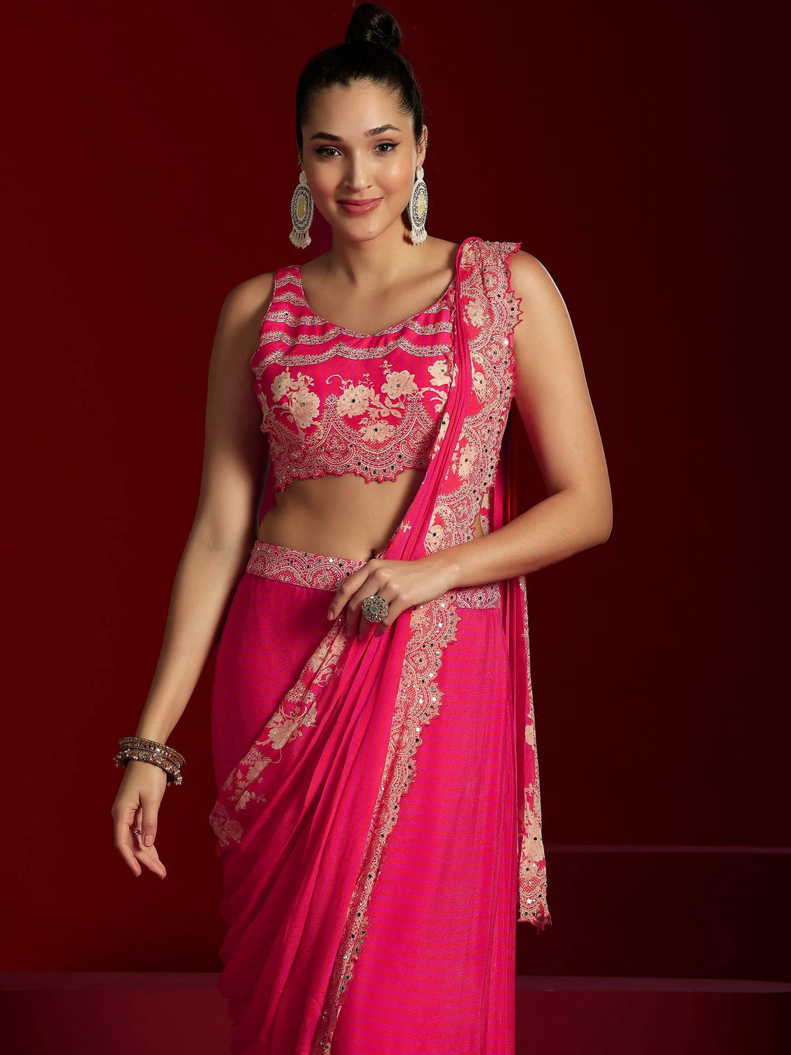 Mameraa Art Pink Embellished Chinnon Saree