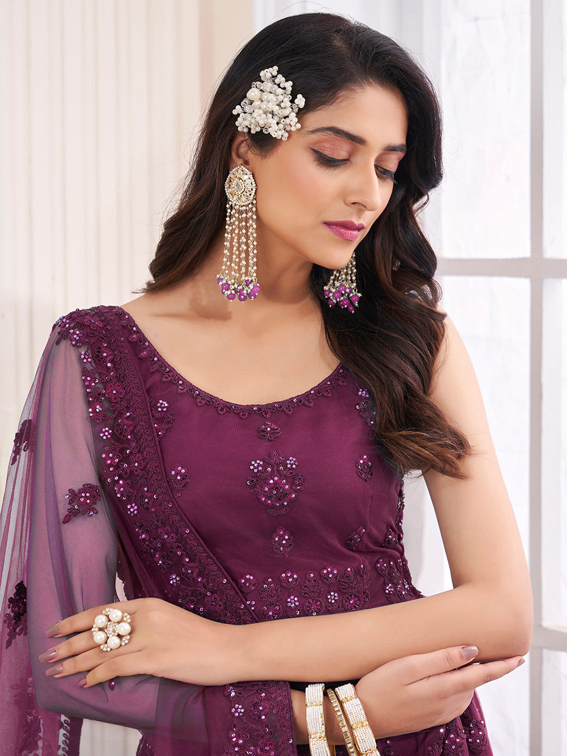 Purple Soft Net Embroidered Semi Stitched Lehenga Choli