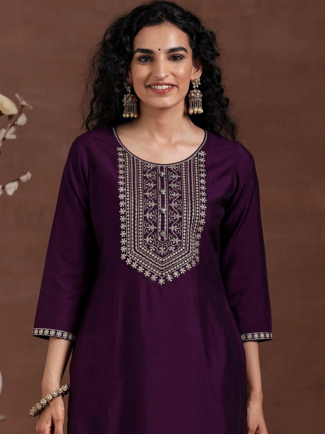 Mameraa Wine Yoke Design Silk Blend Straight Suit With Dupatta