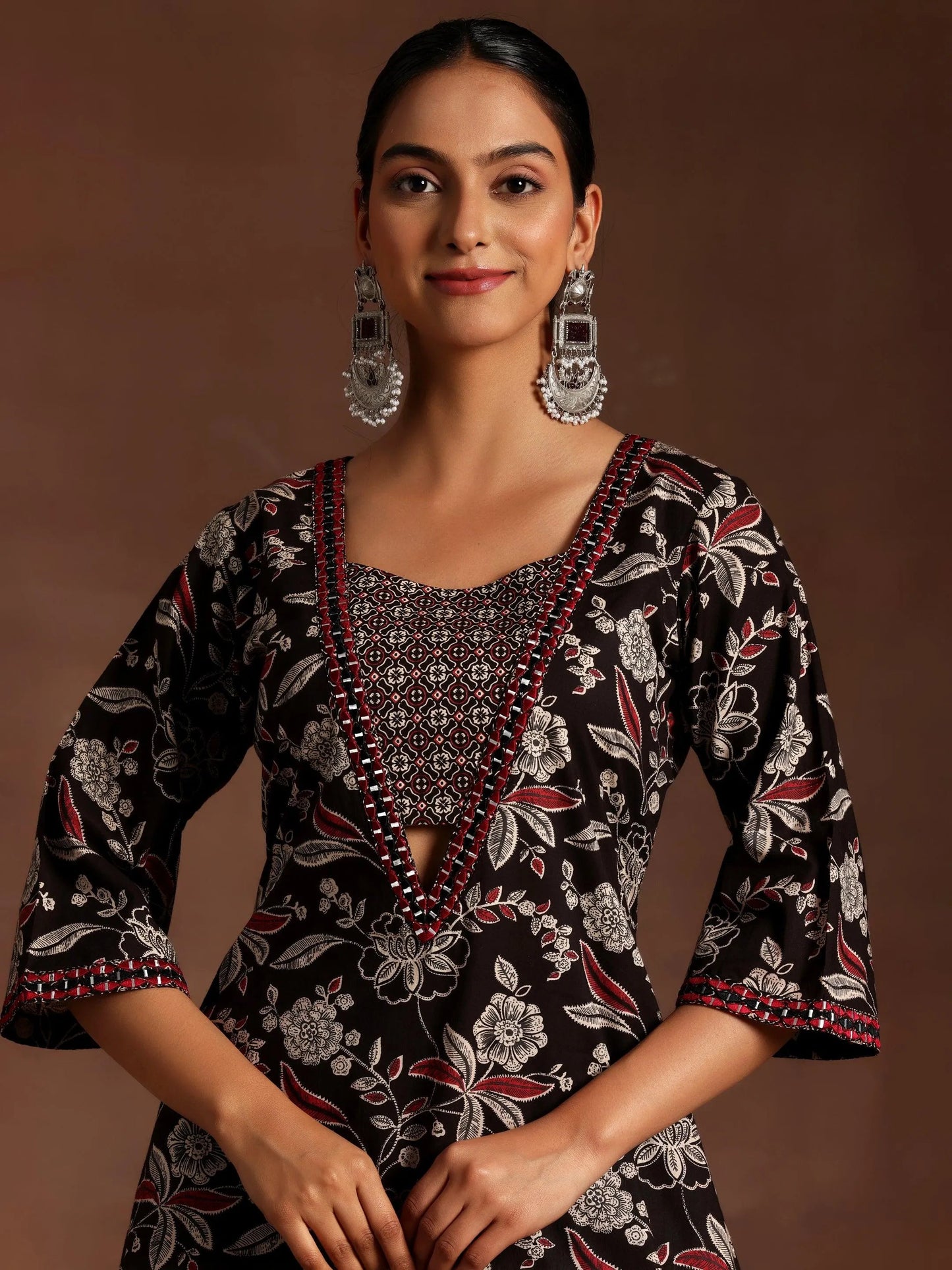 Libas Black Printed Cotton A-Line Kurta With Palazzos