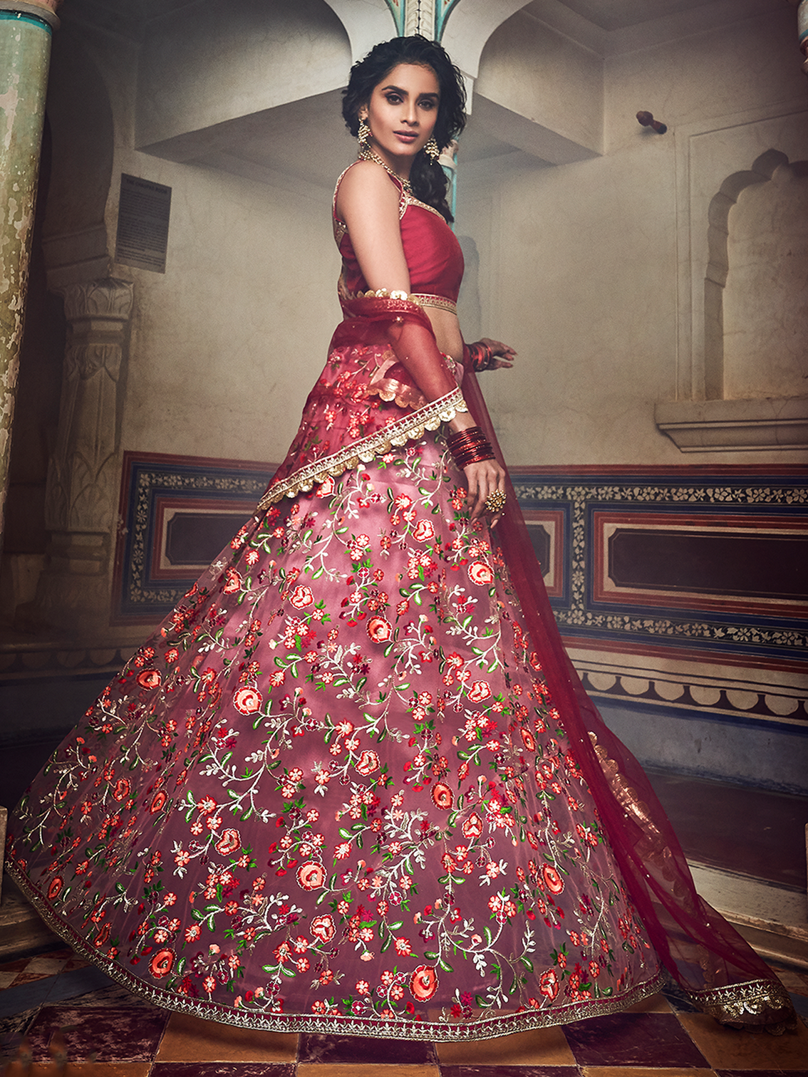 Peach Embroidered Art Silk Semi Stitched Lehenga With Unstitched Blouse
