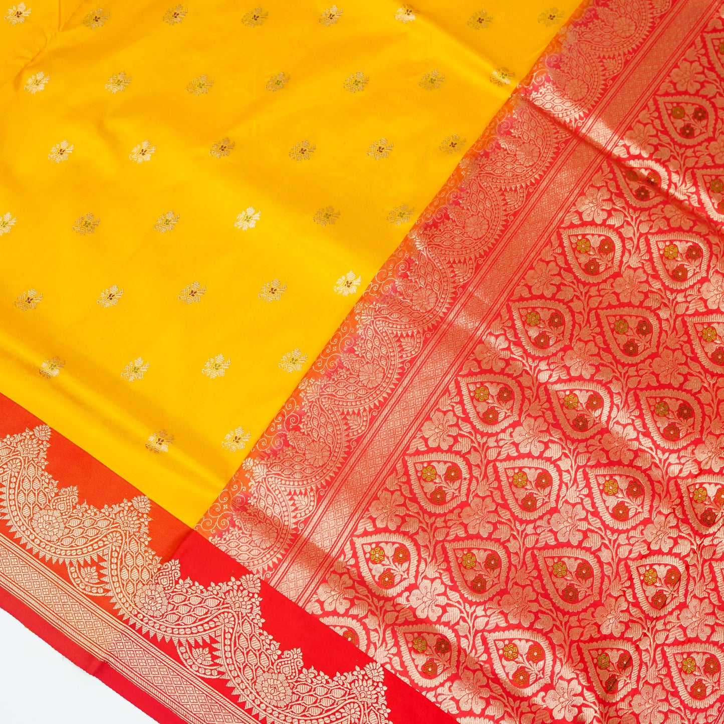 Yellow contrast with Red - Pure Soft premium Katan Silk Banarasi Saree
