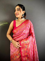 Baby Pink Banarasi Zic Zac Katan Silk Saree