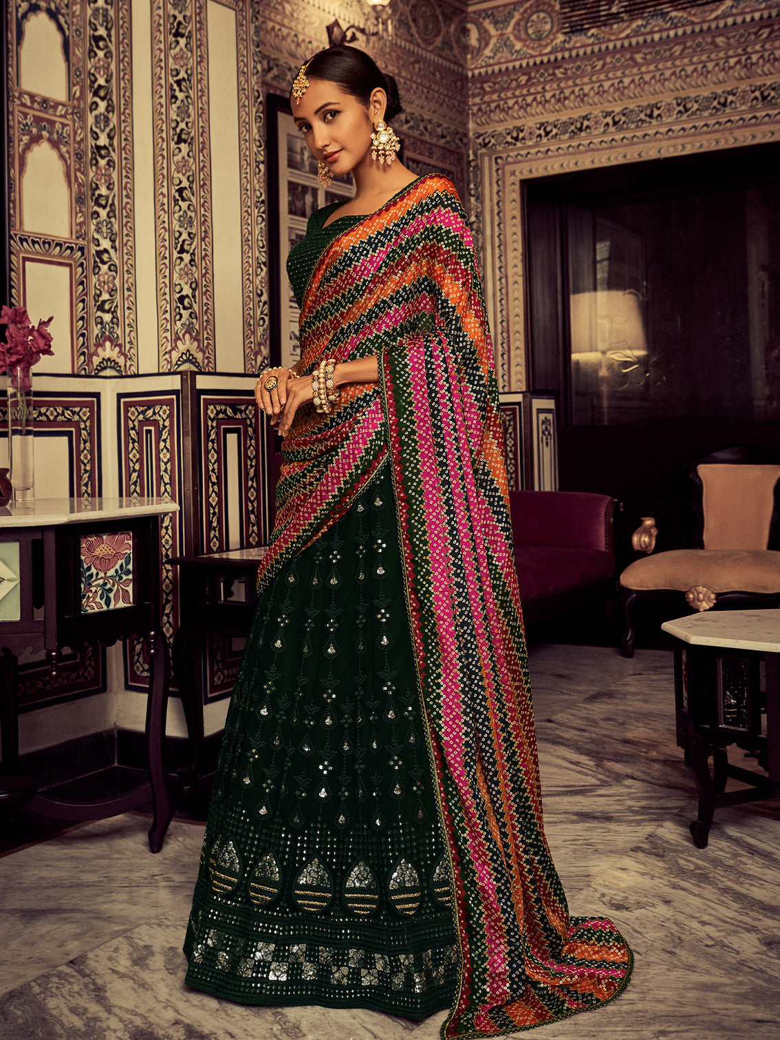 Green Embroidered Georgette Semi Stitched Lehenga With Blouse Piece