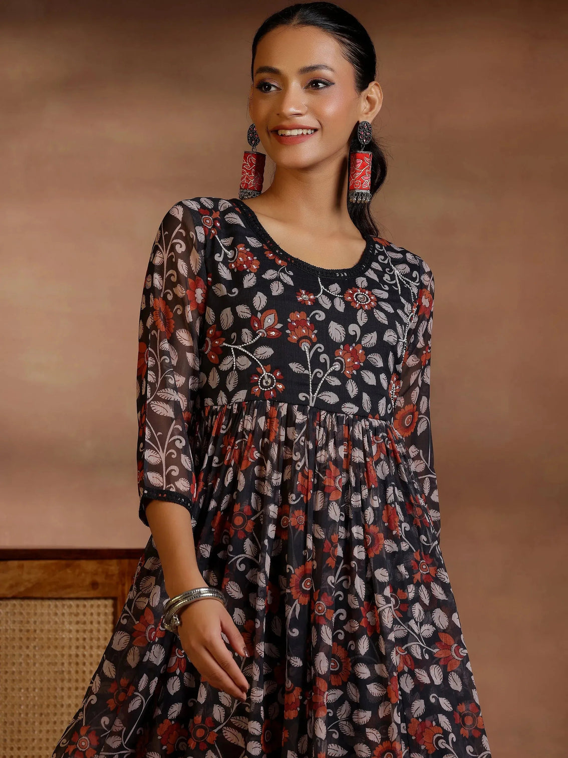 Mameraa Black Printed A-Line Kurta With Palazzos & Dupatta