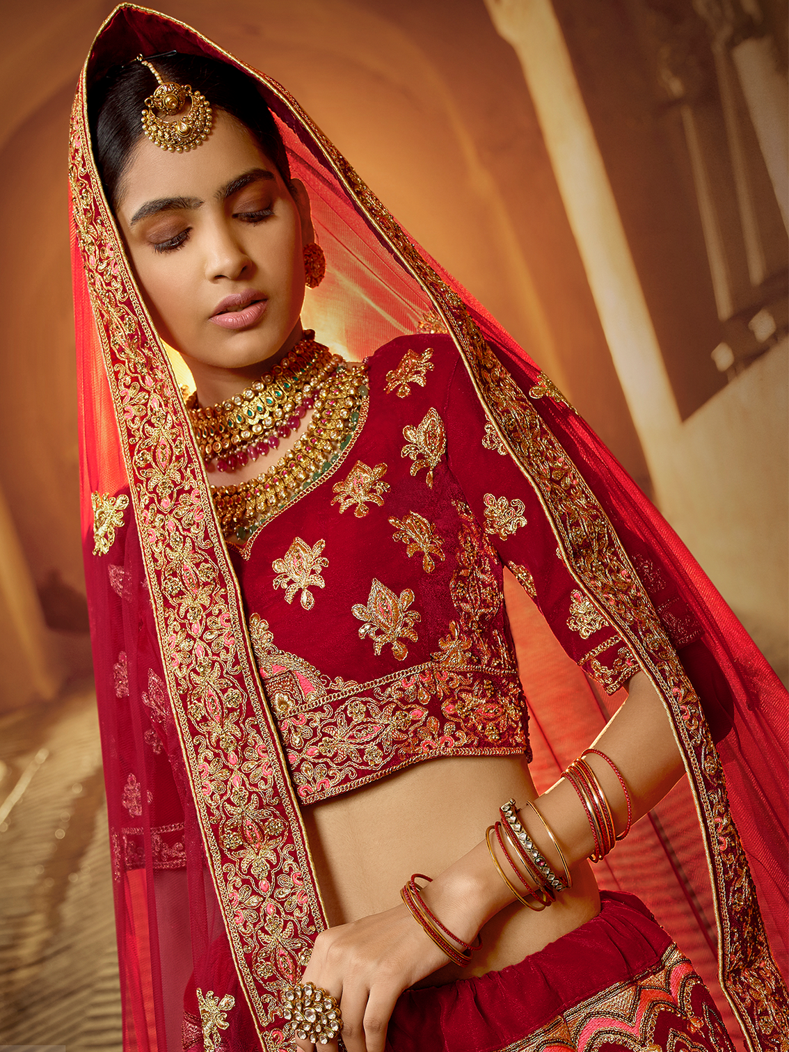 Red Velvet Semi Stitched Lehenga With Unstitched Blouse