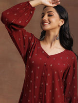 Libas Maroon Woven Design Viscose Rayon A-line Kurti