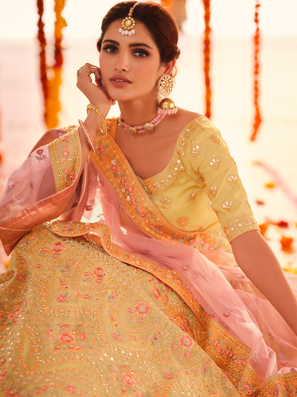 Yellow Embroidered Organza Semi Stitched Lehenga With Unstitched Blouse