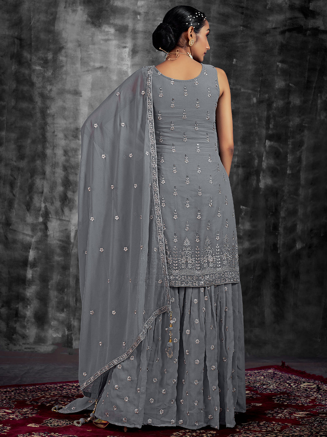 Grey Embroidered Partywear  Stitched Kurtaset