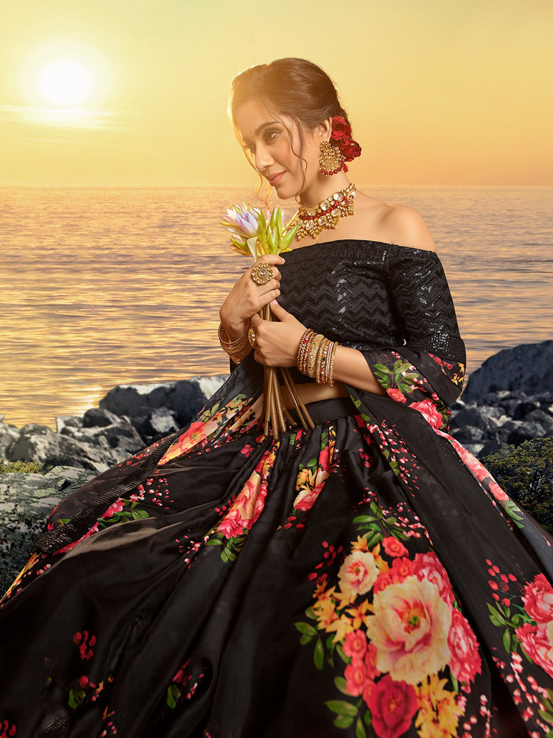 Black Classy Semi Stitched Lehenga With Unstitched Blouse