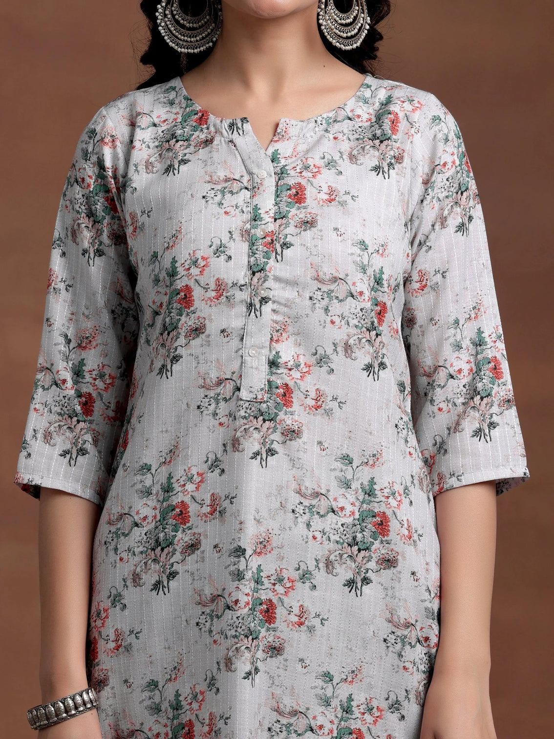 Mameraa Grey Printed Cotton Straight Suit With Dupatta