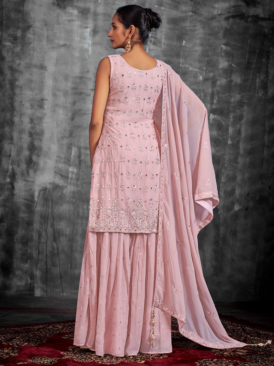 Pink Embroidered Georgette Partywear Stitched Kurta Set