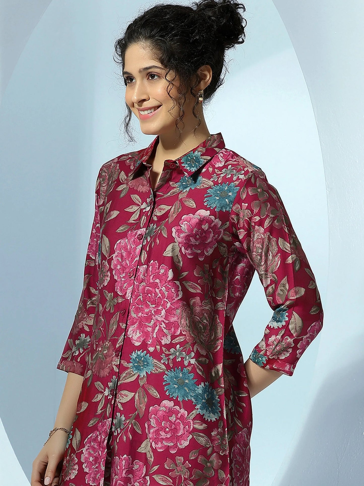 Libas Pink Printed Silk Blend Co-Ords