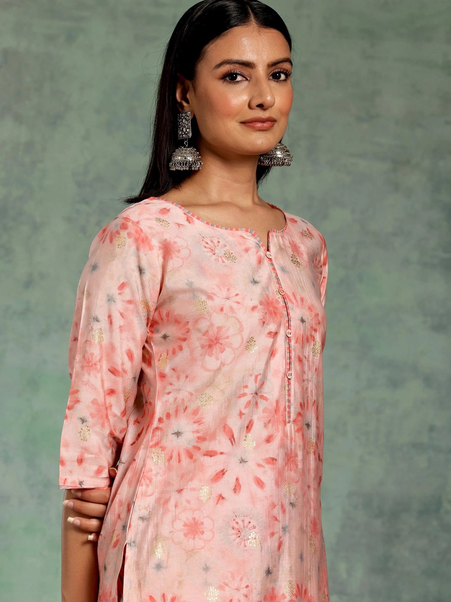 Libas Peach Printed Silk Blend Straight Suit With Dupatta