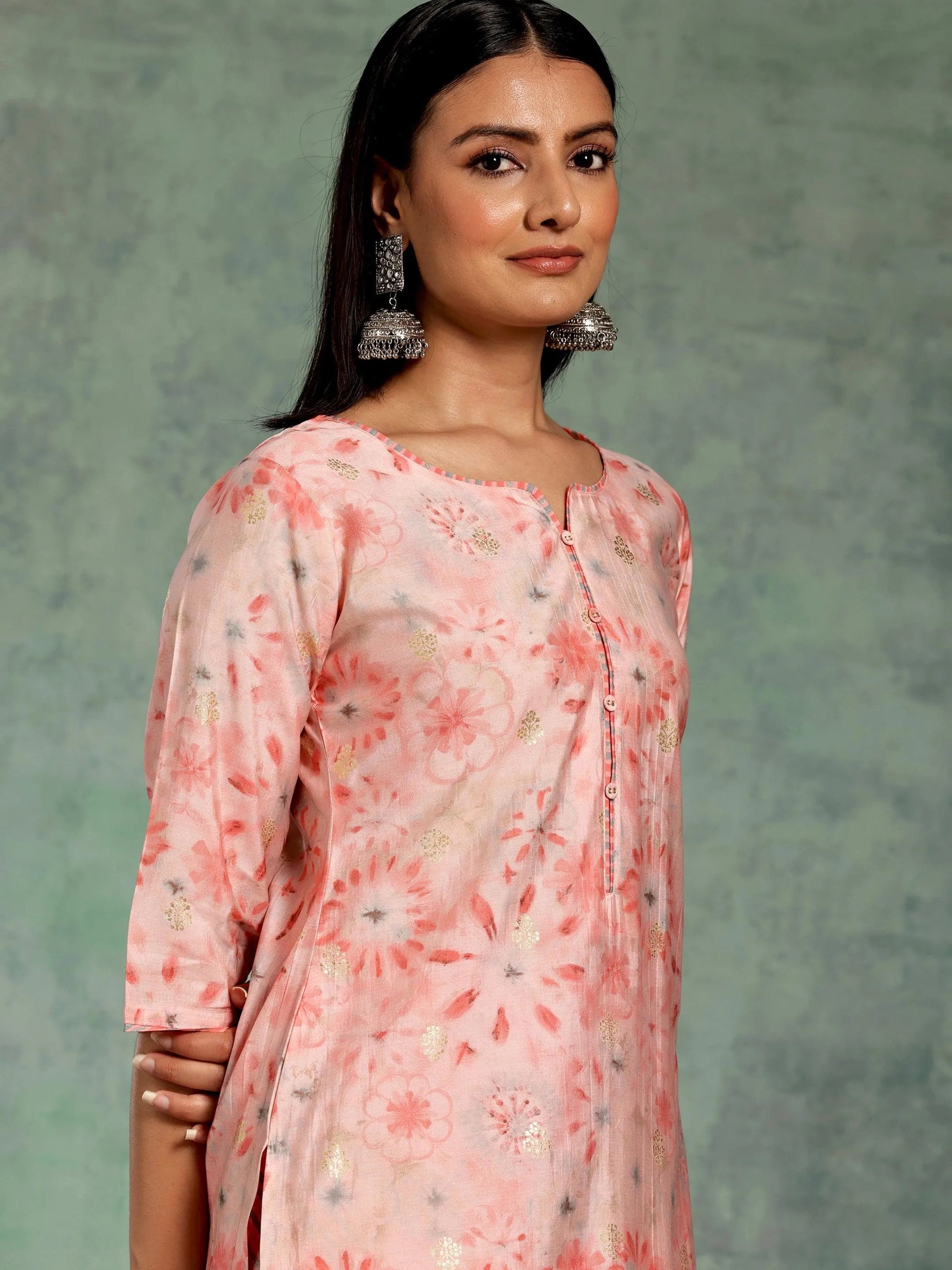 Libas Peach Printed Silk Blend Straight Suit With Dupatta