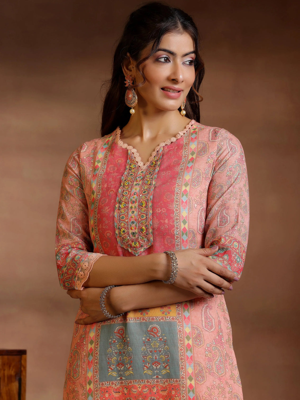 Mameraa Peach Printed Cotton Blend Straight Suit With Dupatta