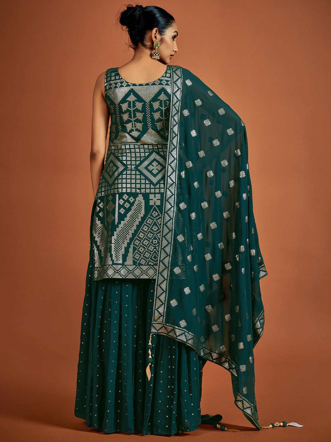 Teal Embroidered Georgette Partywear Stitched Kurta Set