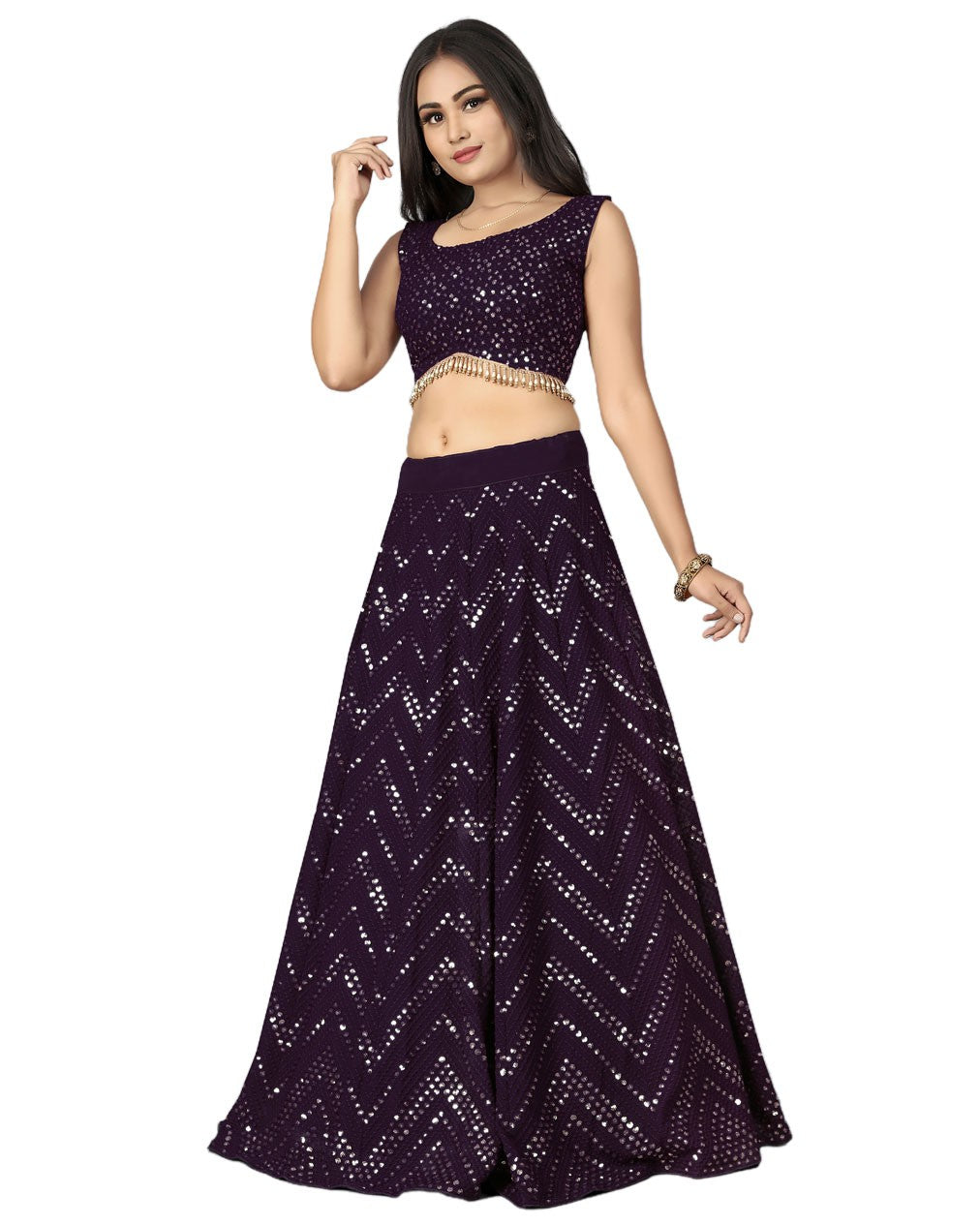 Dark Wine Georgette Lehenga Choli with Heavy Embroidery thread and Sequence work