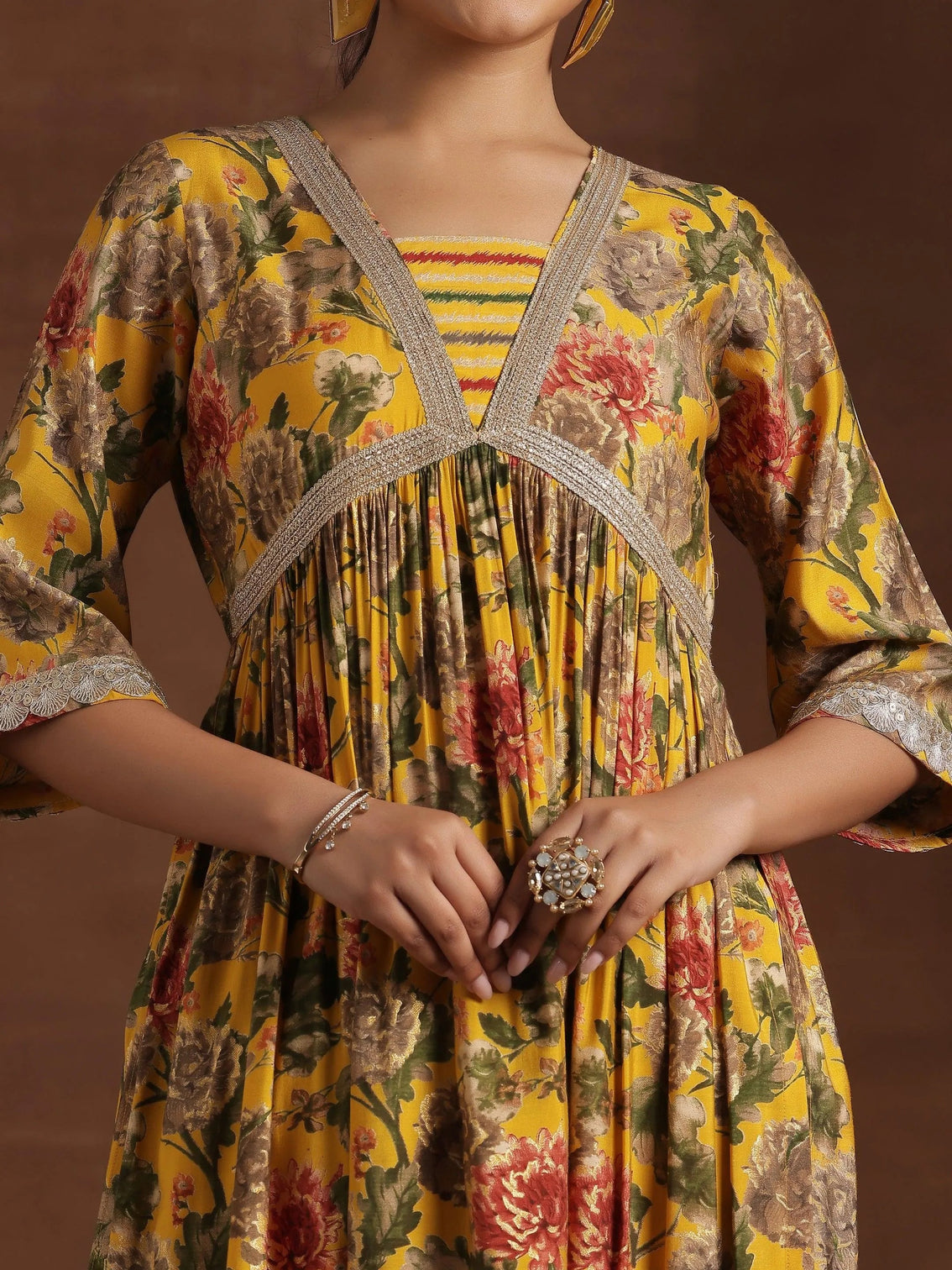 Mameraa Yellow Printed A-Line Kurta With Trousers & Dupatta