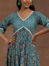 Libas Green Printed Cotton Fit and Flare Dress