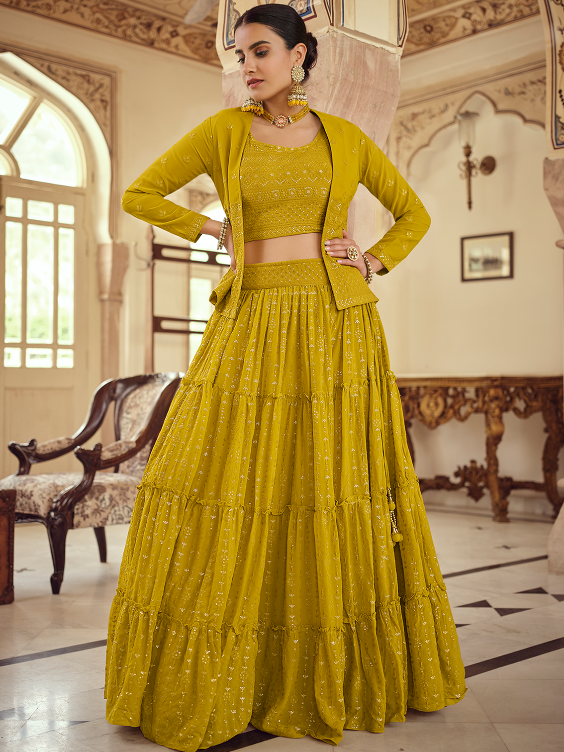 Mustard Embroidered Georgette Semi Stitched Lehenga With Unstitched Blouse