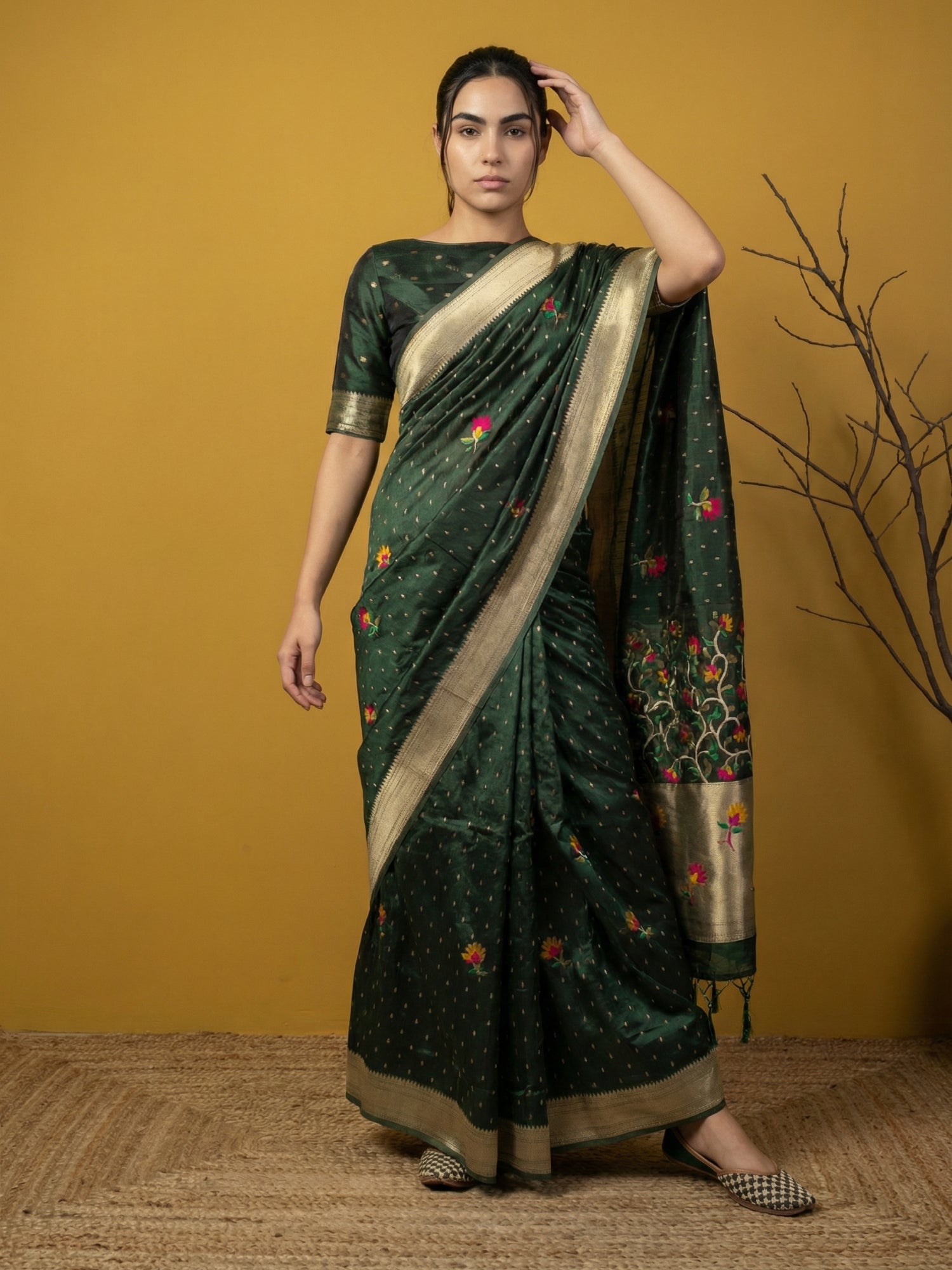 Soft Organza Meenakari Woven Saree with Jamdani Zari Pallu and Brocade Blouse Festive Wedding Party Wear Saree