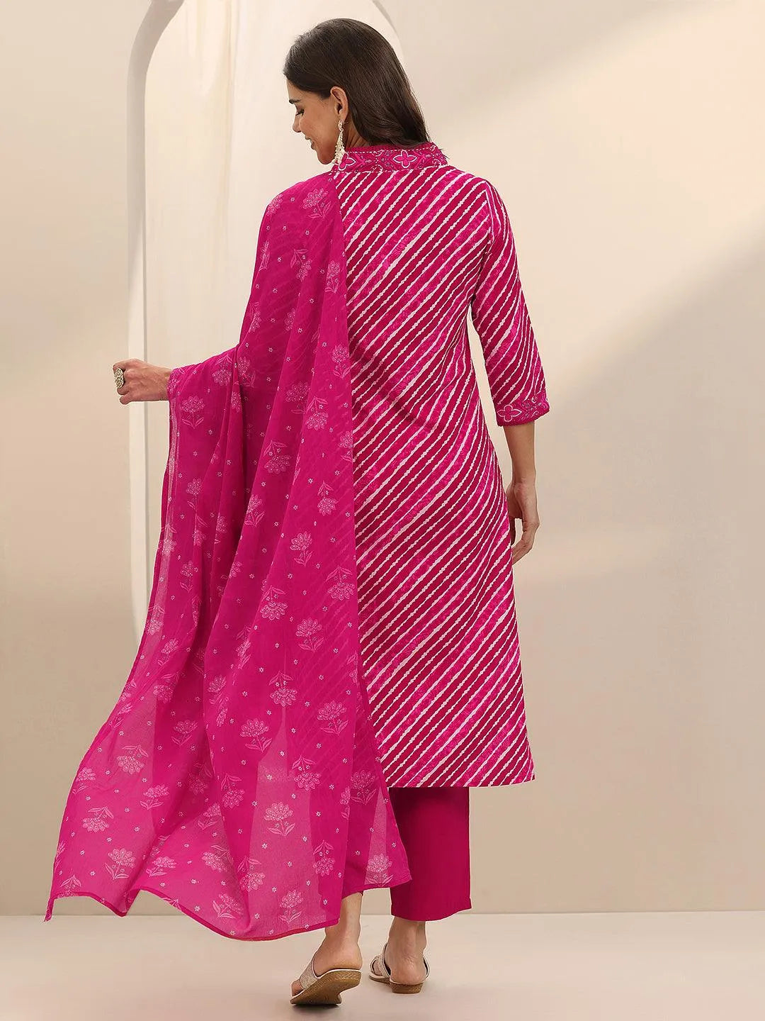 Libas Pink Printed Cotton Straight Suit Set With Dupatta