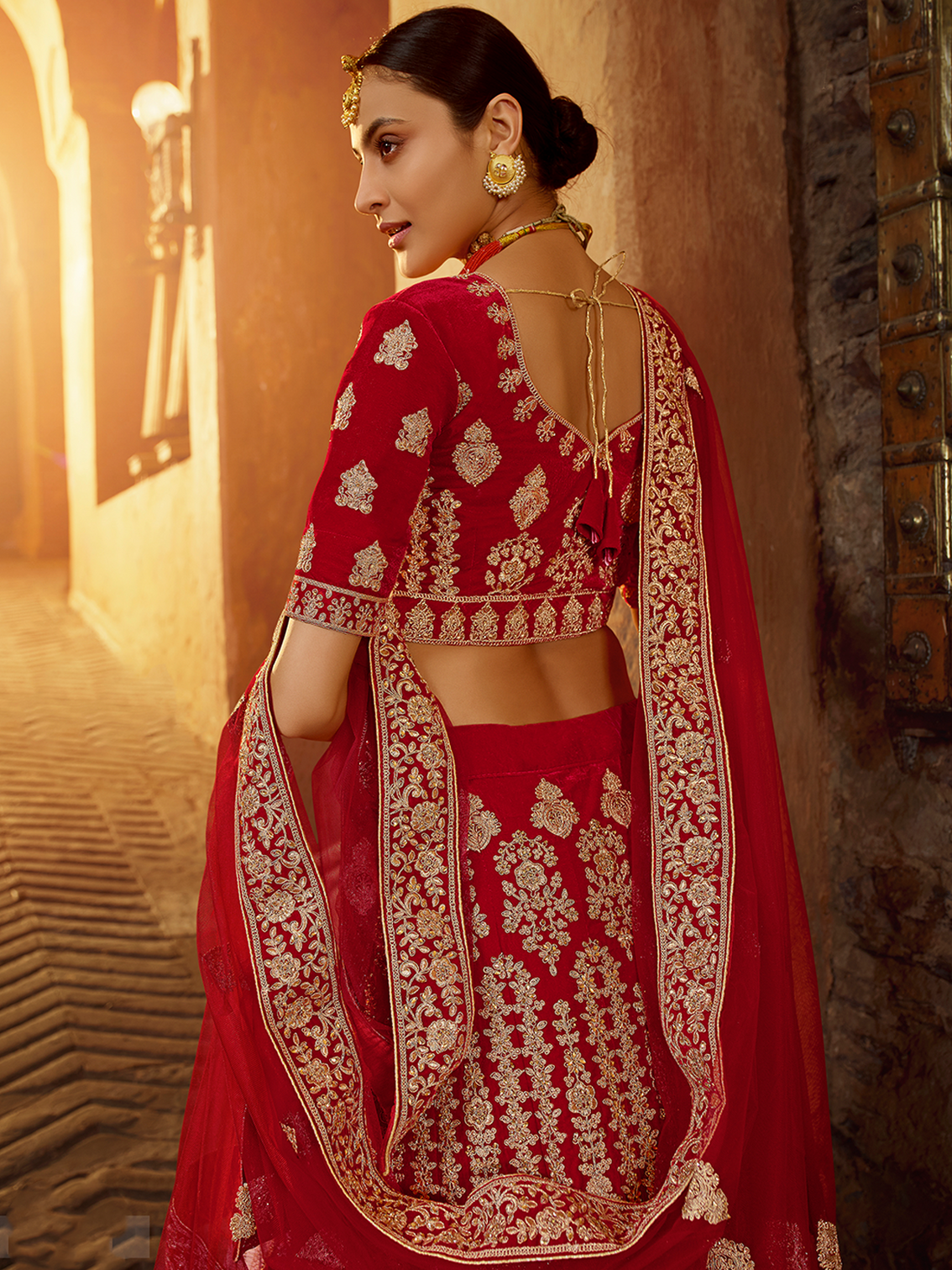 Red Embroidered Velvet Semi Stitched Lehenga With Unstitched Blouse