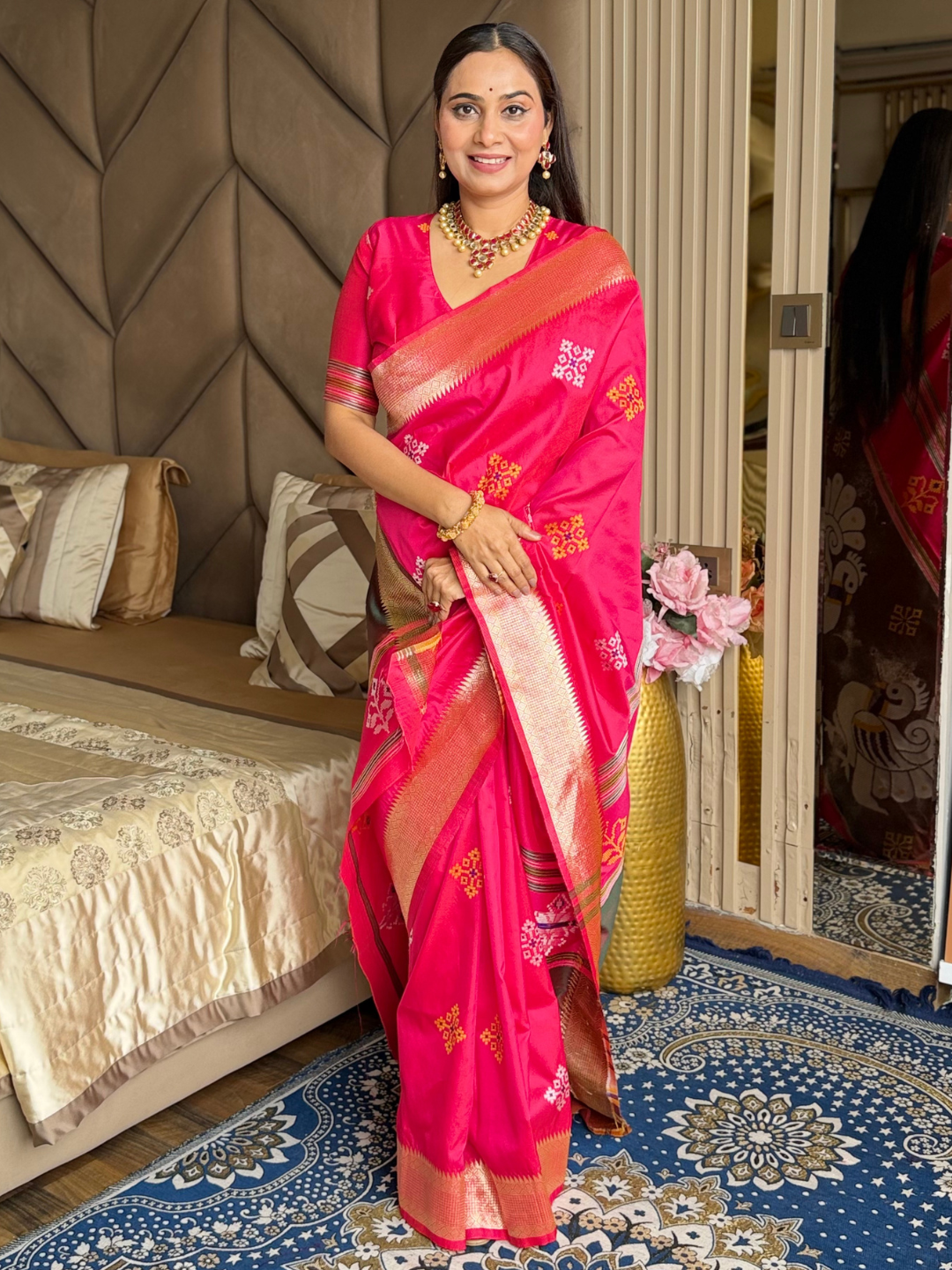 Pink Soft Silk Ikkat Patola Saree with Meenakari Motifs Peacock Pallu and Gold Zari Border