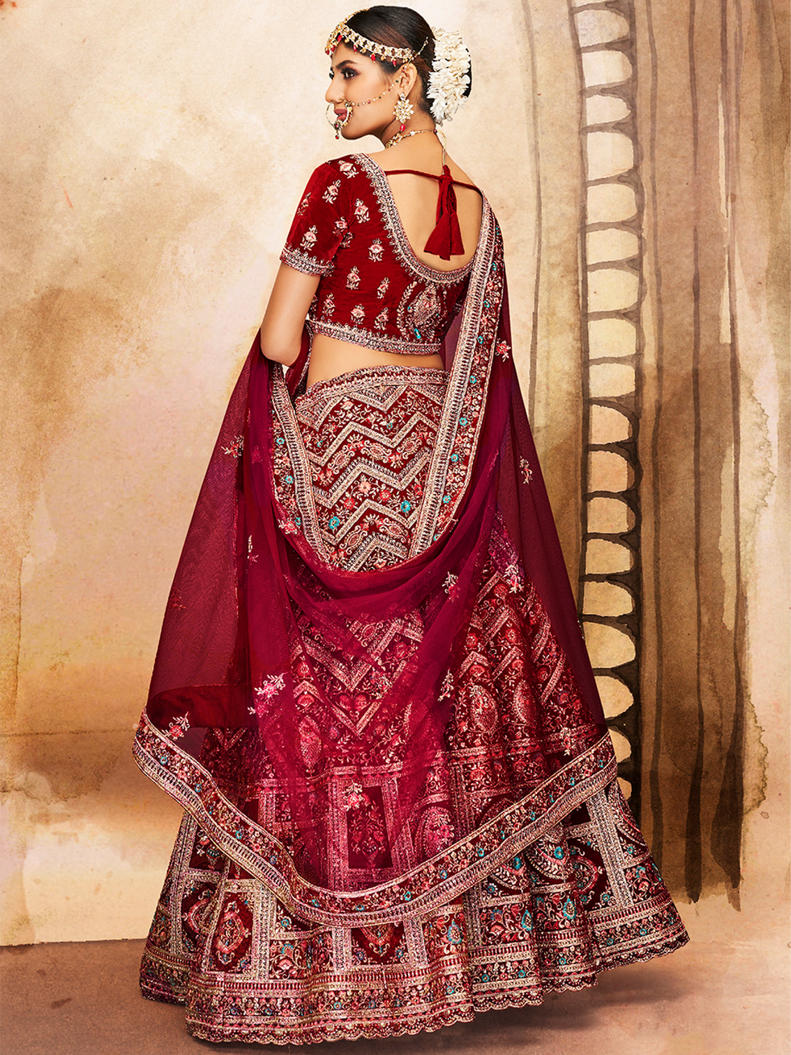Maroon Embroidered Semi Stitched Lehenga With Unstitched Blouse