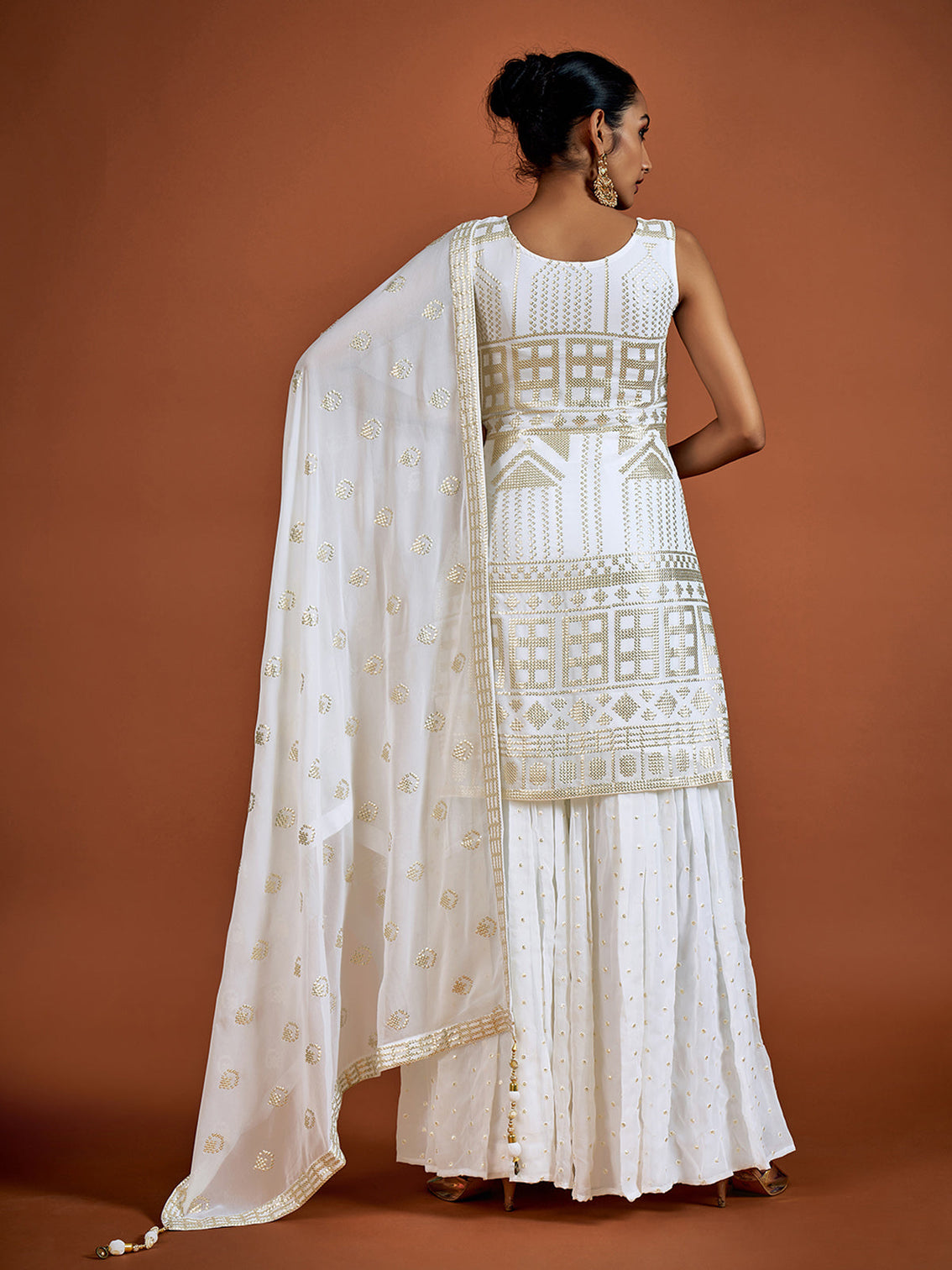 Classic White Embroidered Georgette Partywear Stitched Kurta Set