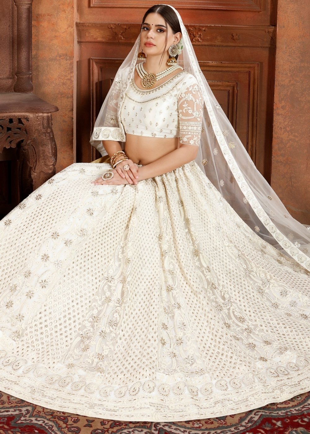 Daisy White Soft Net Lehenga Choli with Thread, Zari, Zarkan & Pearl work