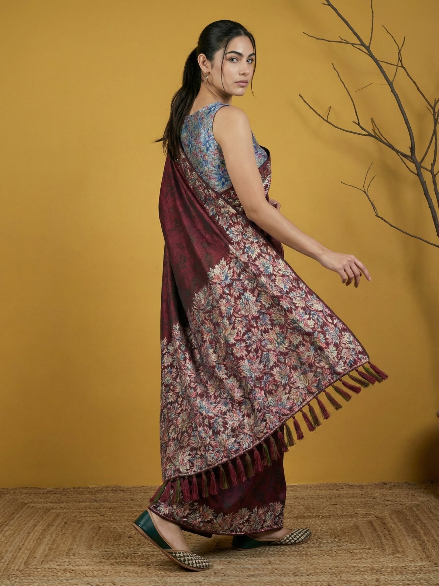 Soft Silk Printed Floral Saree with Rainbow Zari Woven Pallu and Contrast Blouse Festive Party Wear Saree